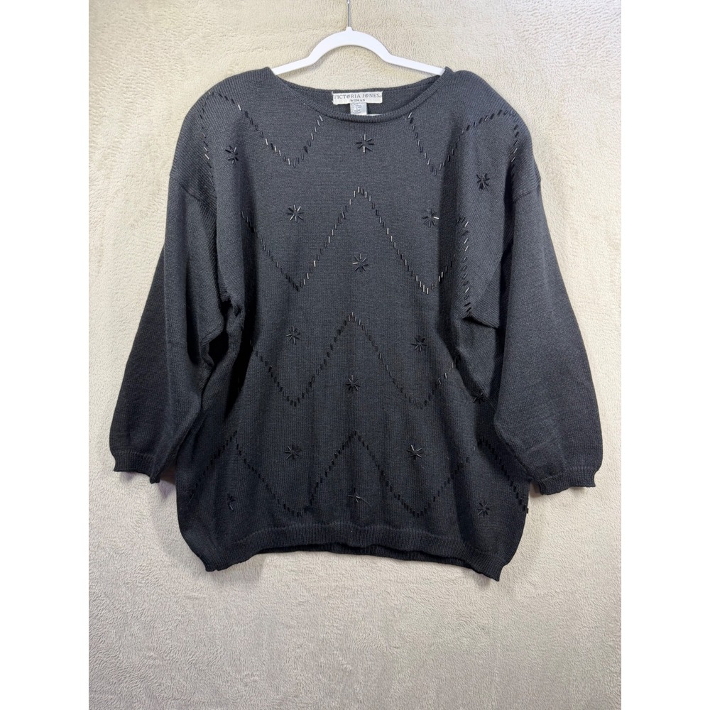Victoria Jones Sweater Women 2X Black Vintage Beaded Knit Long Sleeve Pullover